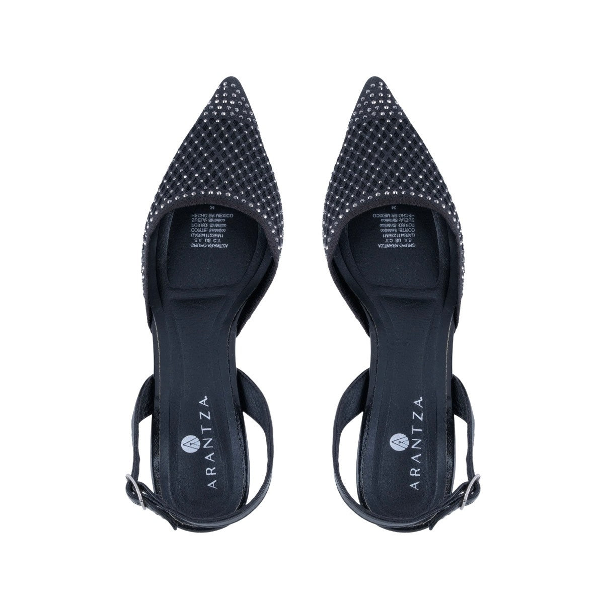 Zapatilla de tacón bajo negra con puntera afilada y talón descubierto