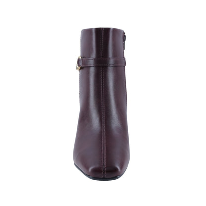 Botín elegante borgoña para mujer con detalle dorado