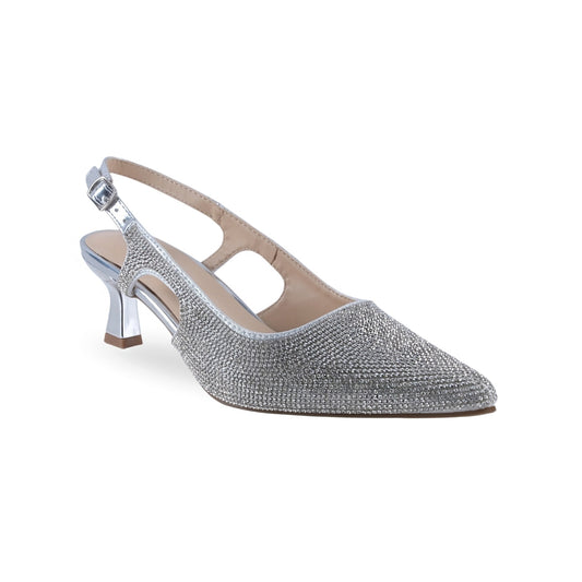 Tacón slingback plateado con pedrería y punta puntiaguda para mujer