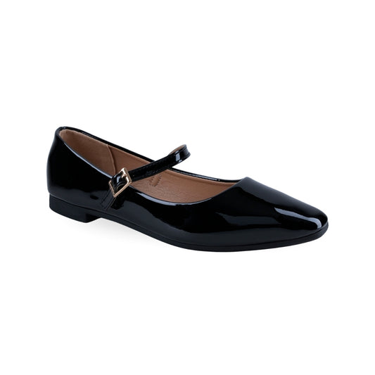 Flat Mary Jane de charol negro con puntera puntiaguda y hebilla dorada vista lateral