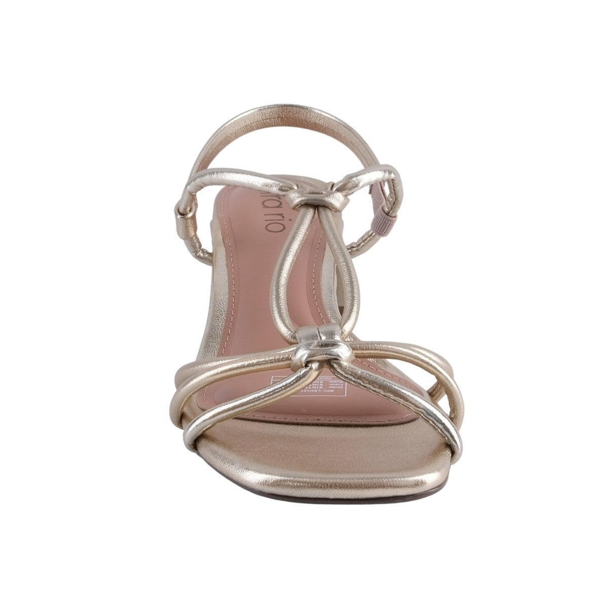 Vista lateral de sandalia dorada con tacón bloque para mujer