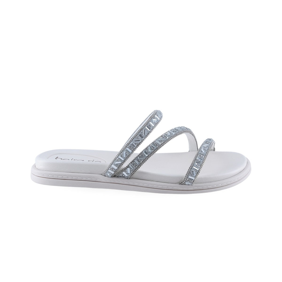 Sandalias de piso blancas con detalle metálico brillante para mujer