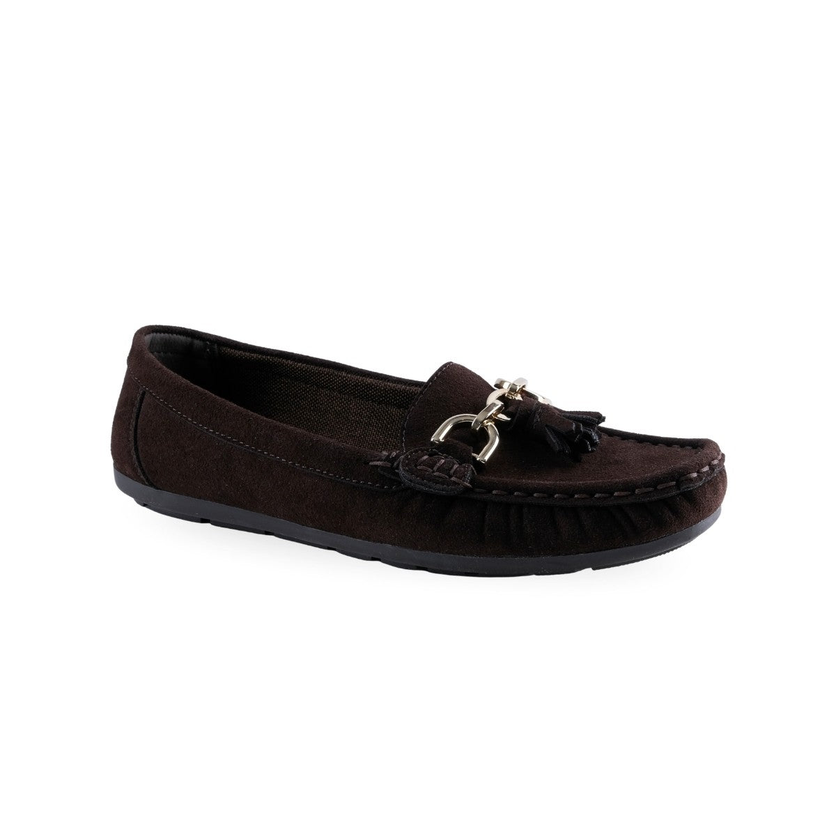 Mocasín café para mujer con herraje metálico y borlas