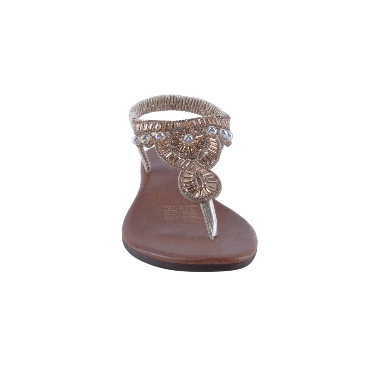 Sandalia de verano con cuentas y brillo en tono dorado