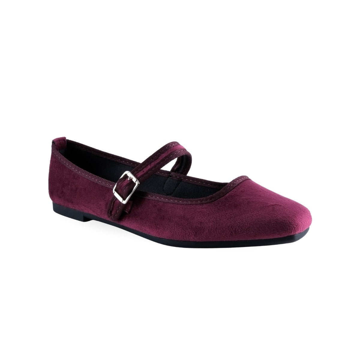 Flat Mary Jane color vino en gamuza con correa al empeine y hebilla plateada