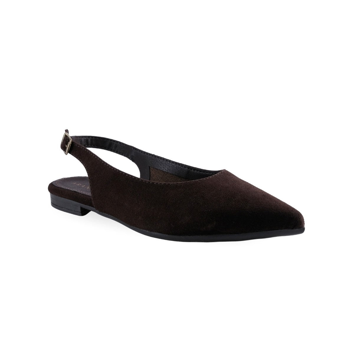 Flat slingback café en gamuza sintética con puntera puntiaguda vista lateral