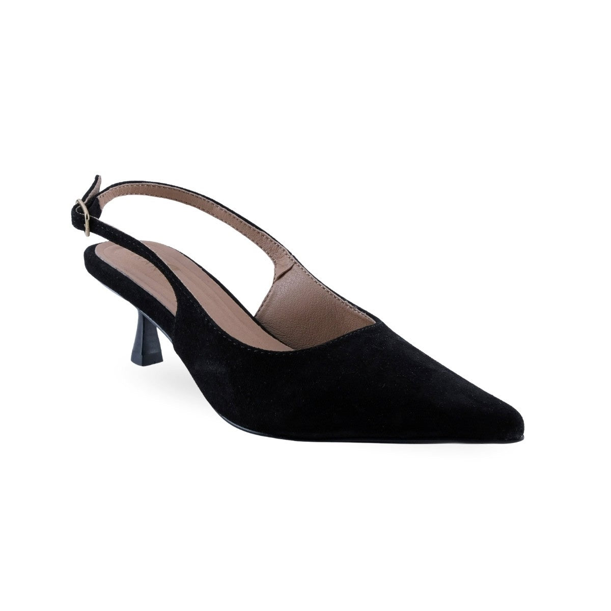 Zapatilla slingback de gamuza negra con puntera puntiaguda y tacón kitten para mujer