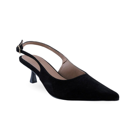 Zapatilla slingback de gamuza negra con puntera puntiaguda y tacón kitten para mujer