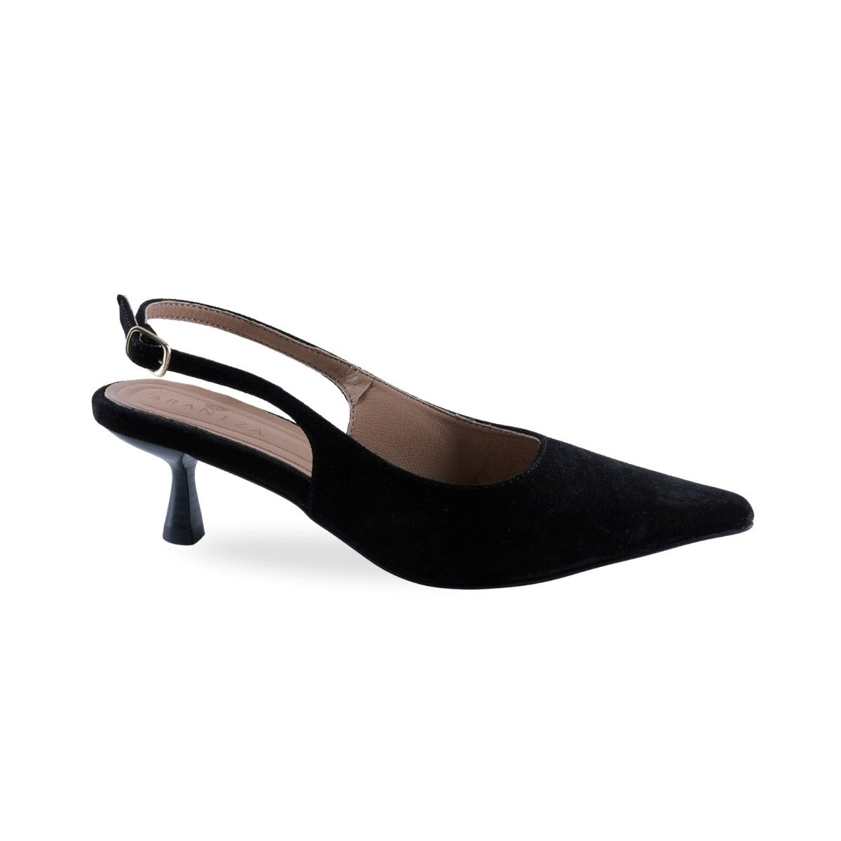 Tacón kitten negro slingback con hebilla lateral vista tres cuartos