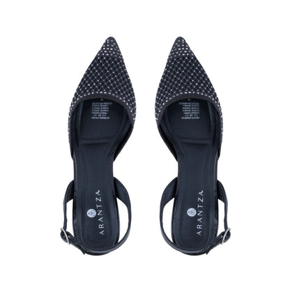Zapatilla de tacón bajo negra con puntera afilada y talón descubierto