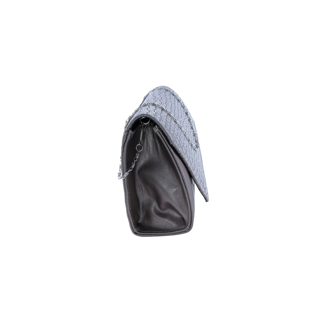 Clutch de fiesta gris satinado con solapa asimétrica metalizada para mujer