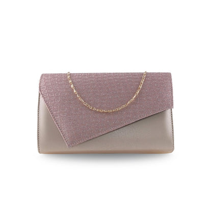 Bolsa clutch tipo sobre en rosa y beige metalizado con cadena dorada