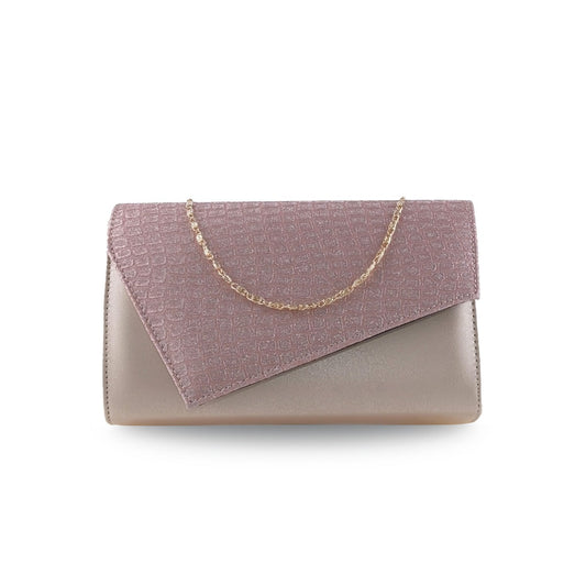 Bolsa clutch tipo sobre en rosa y beige metalizado con cadena dorada