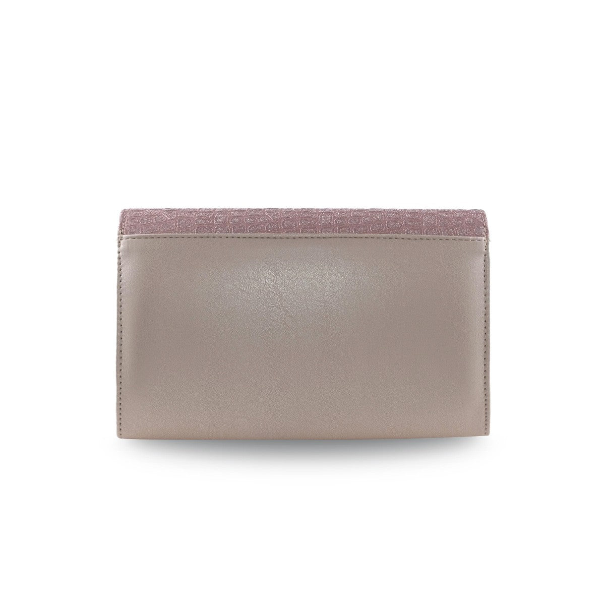 Bolsa de mano compacta rosa con panel beige metalizado y cadena