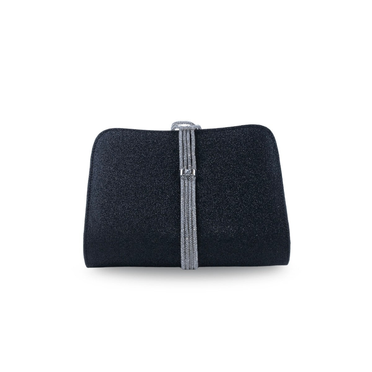 Clutch negro glitter con tirador de flecos metálicos plateados vista frontal