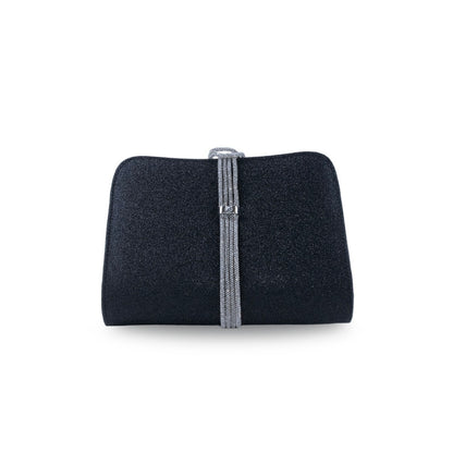 Clutch negro glitter con tirador de flecos metálicos plateados vista frontal