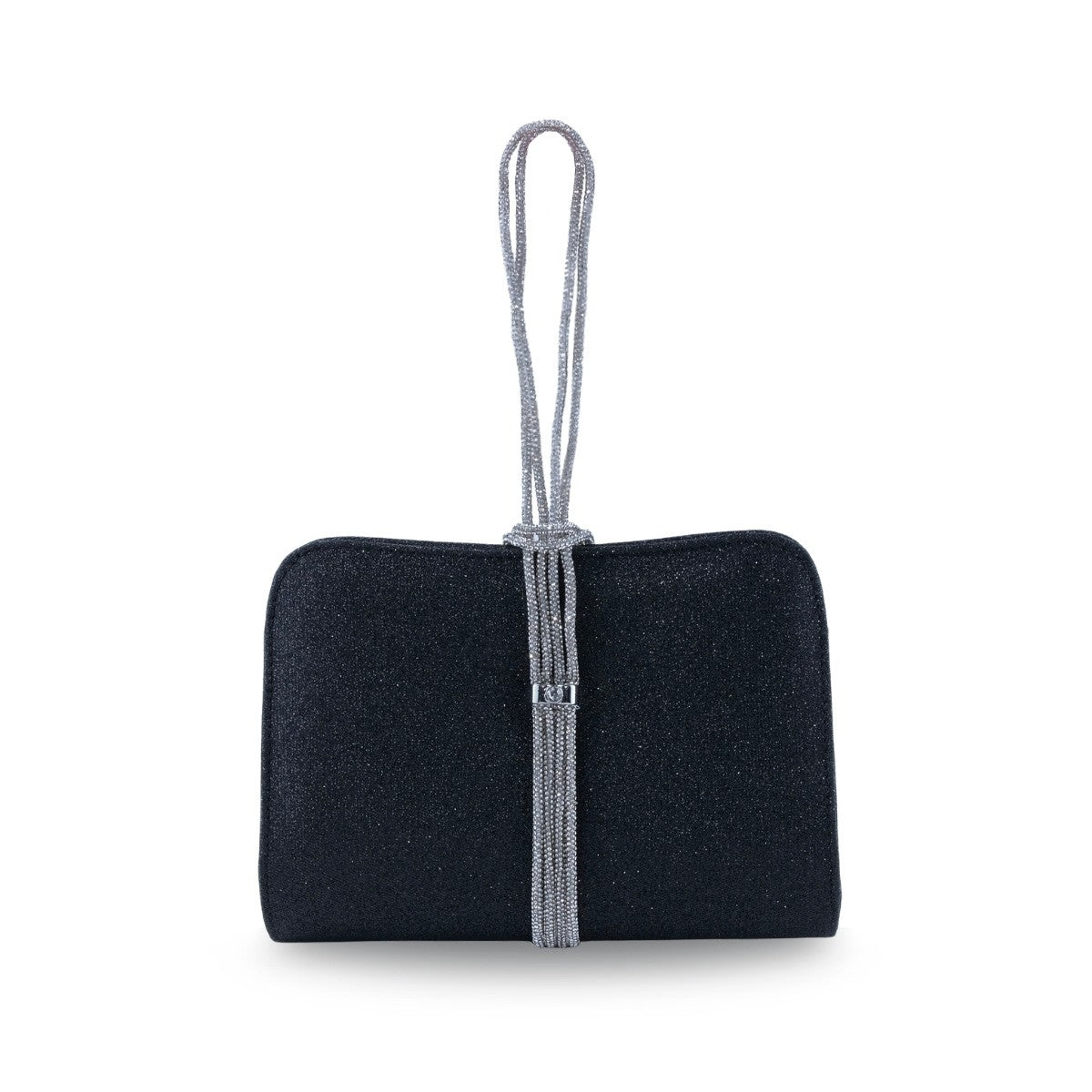 Bolsa clutch negra de noche con flecos metálicos