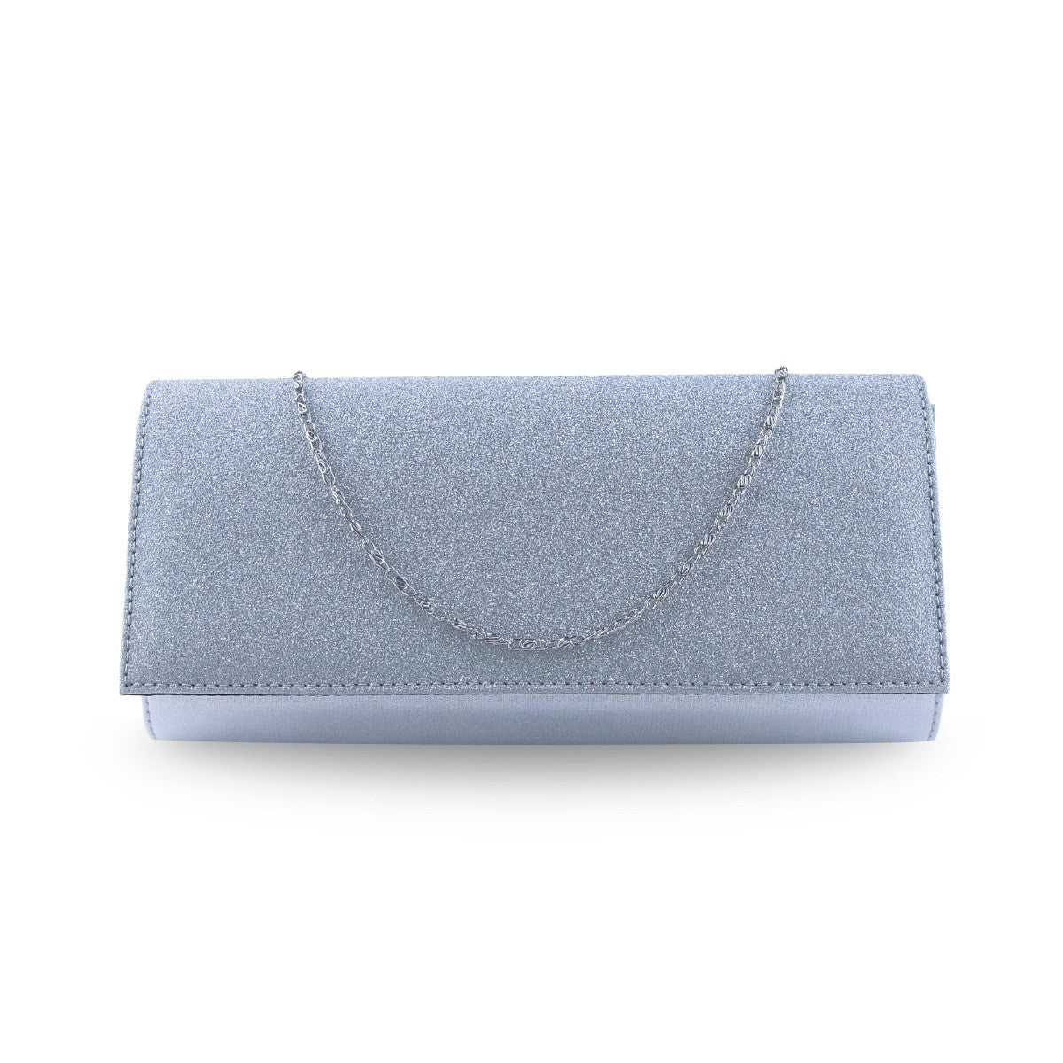 Bolsa clutch plateada con acabado glitter metalizado y cadena metálica desmontable
