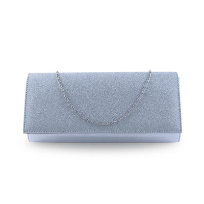 Bolsa clutch plateada con acabado glitter metalizado y cadena metálica desmontable