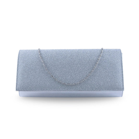 Bolsa clutch plateada con acabado glitter metalizado y cadena metálica desmontable