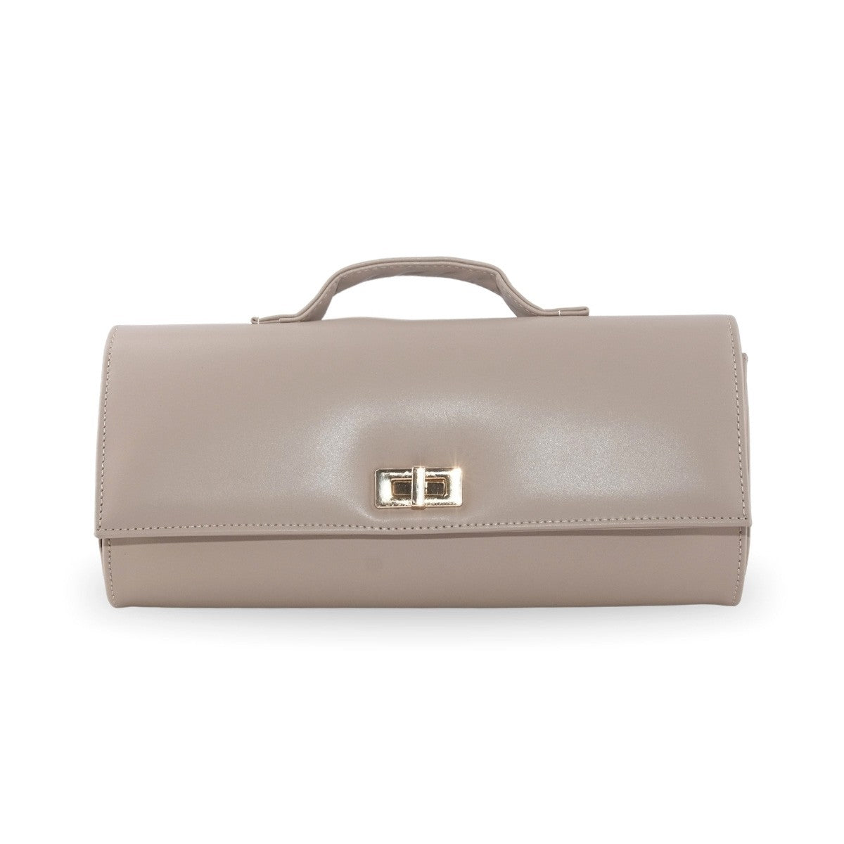 Bolsa de mano beige estructurada con broche giratorio dorado y asa superior corta