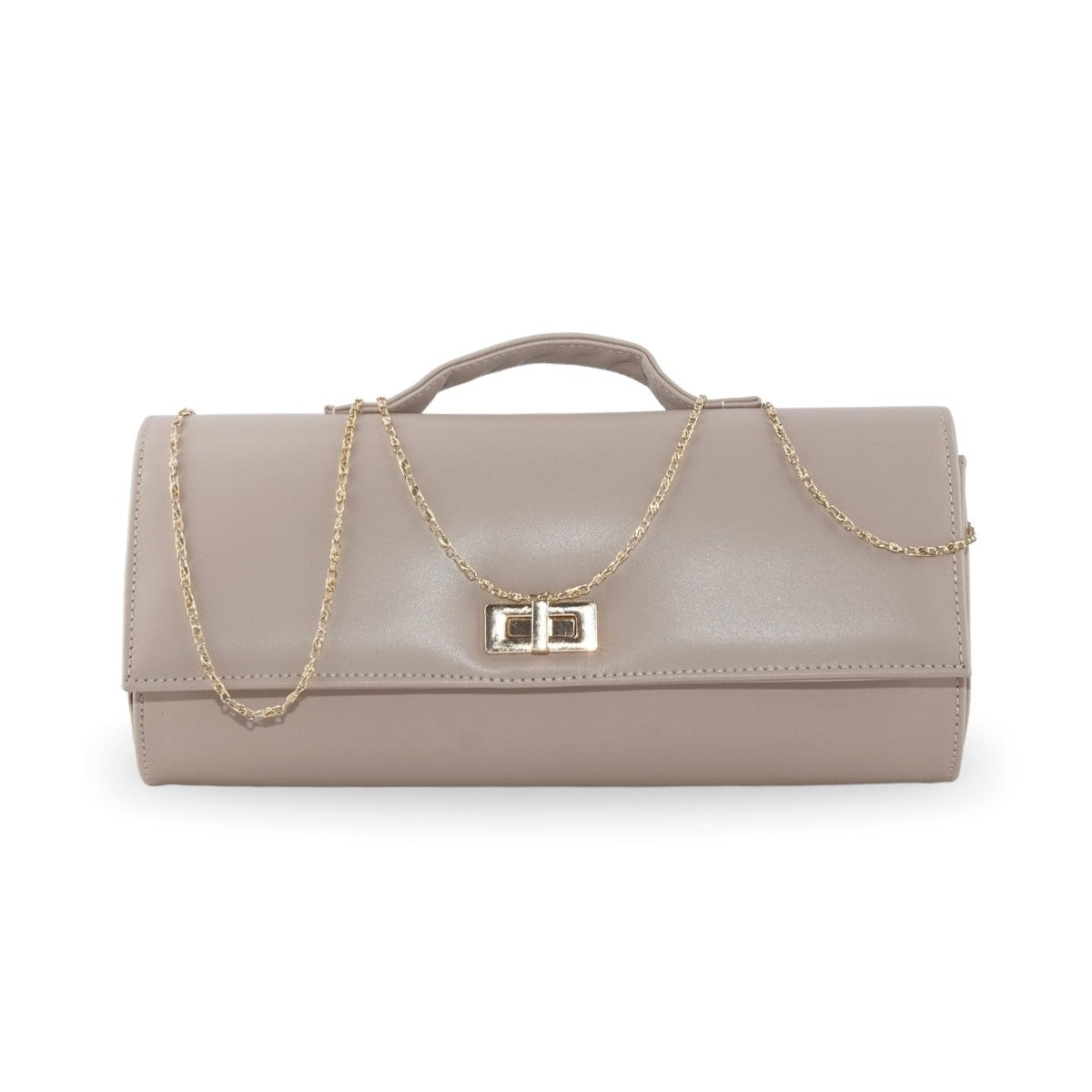 Bolsa beige satinada con asa superior fija y cierre de broche dorado