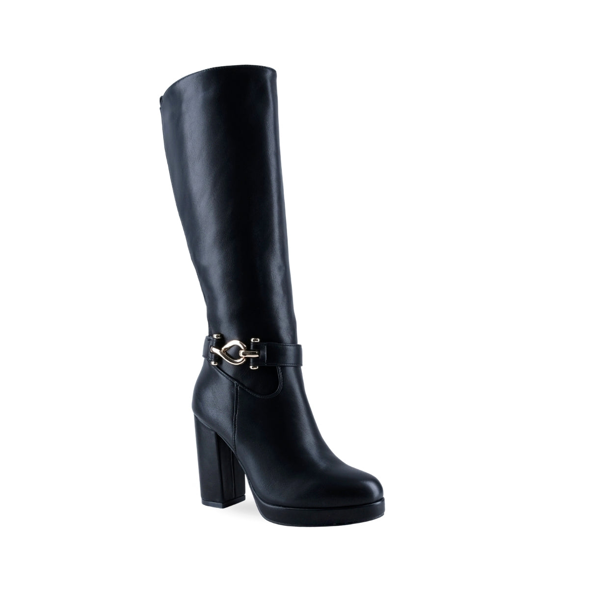 Bota alta negra para mujer con tacón ancho y herraje