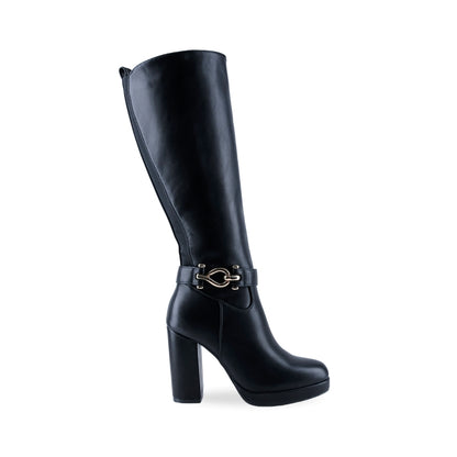 Bota negra de tacón para mujer con plataforma frontal