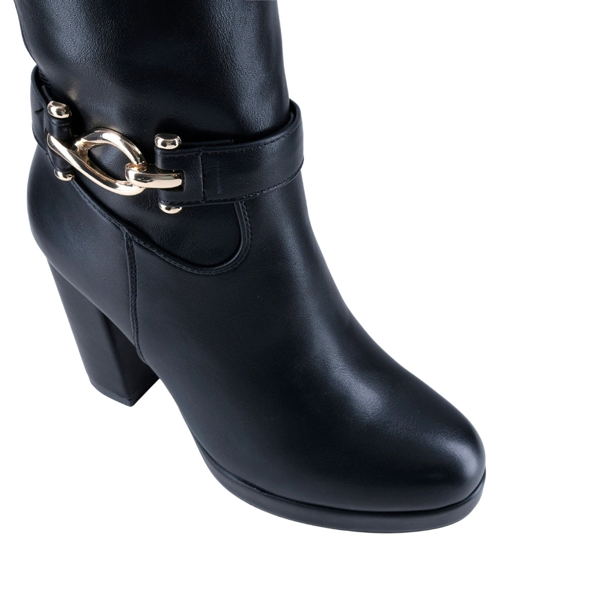 Bota negra para dama con plataforma y herraje decorativo