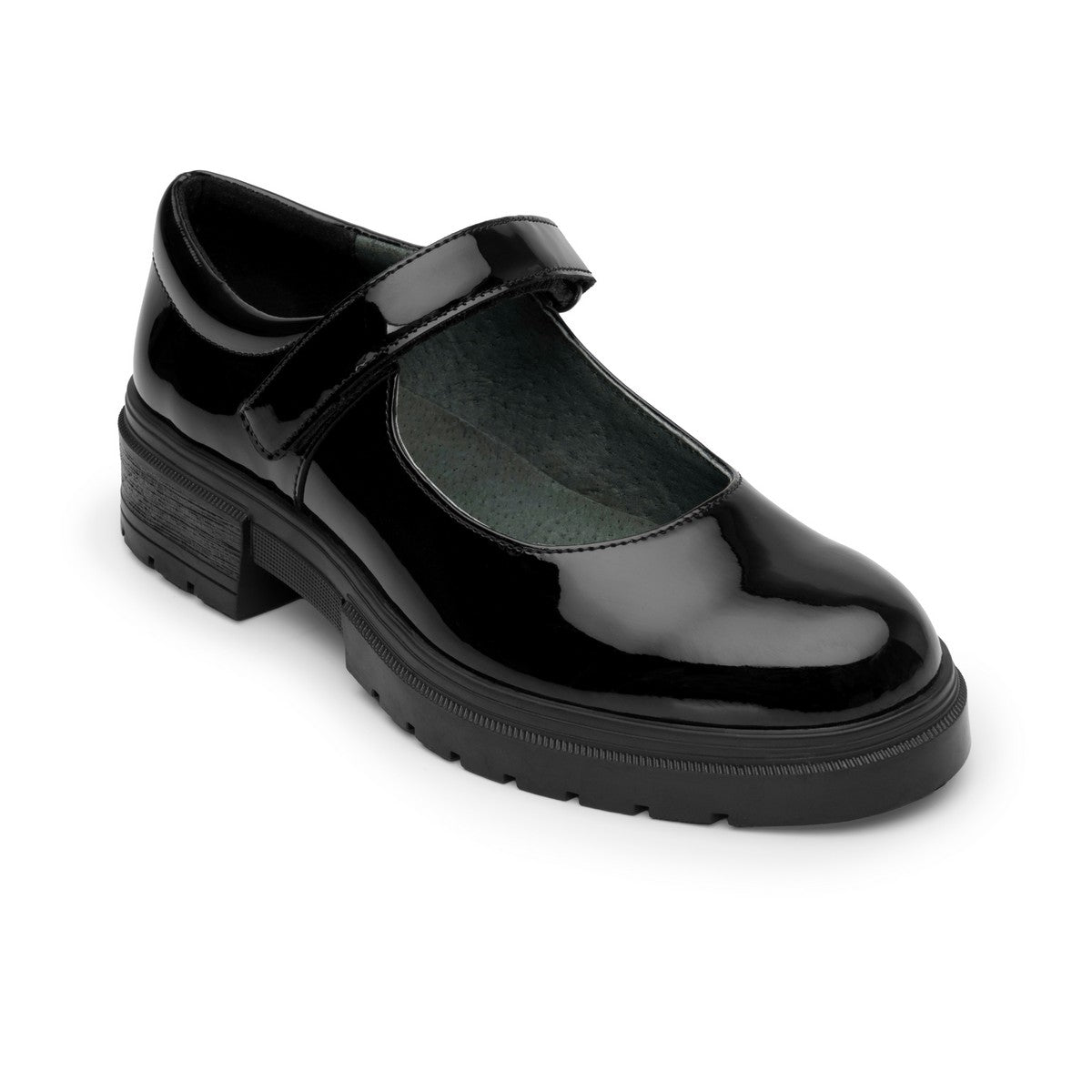 Zapato Mary Jane de charol negro con tira de velcro al empeine, vista tres cuartos