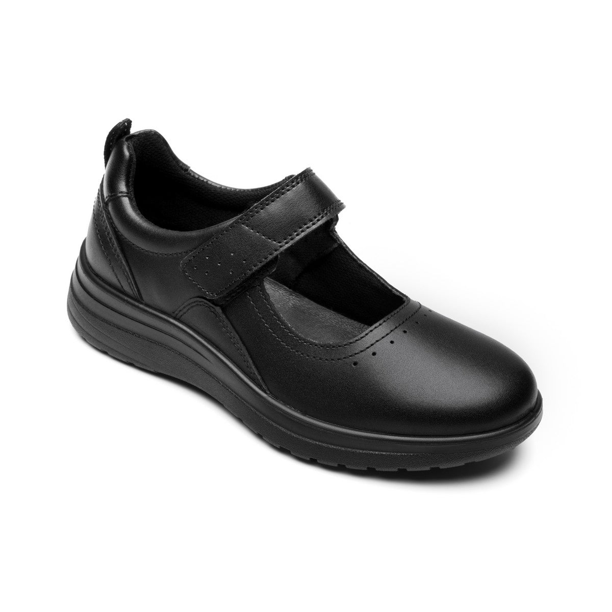 Flat Mary Jane negro con tira de velcro al empeine y puntera redonda perforada