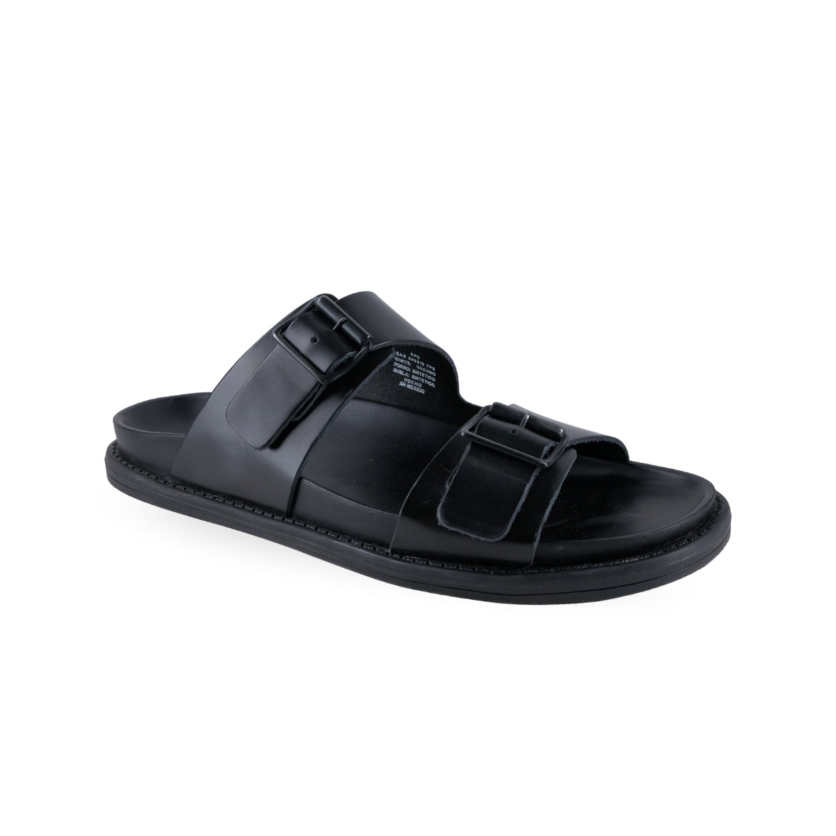Sandalia slide negra de piso con dos tiras y hebillas para mujer