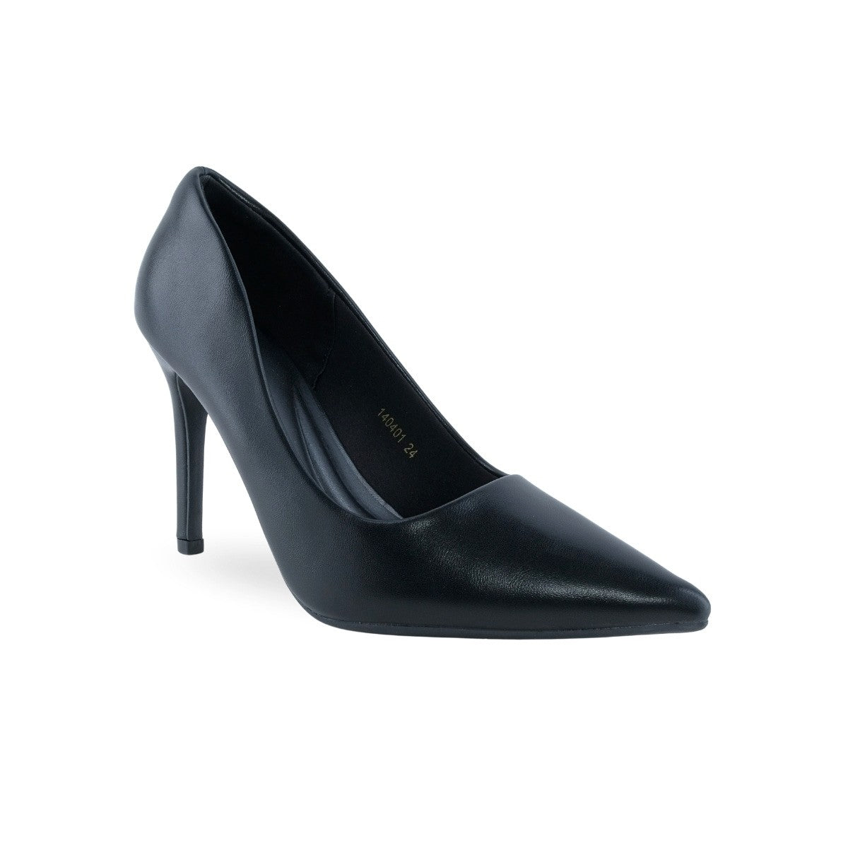 Zapatilla de tacón negro de aguja con puntera puntiaguda vista tres cuartos