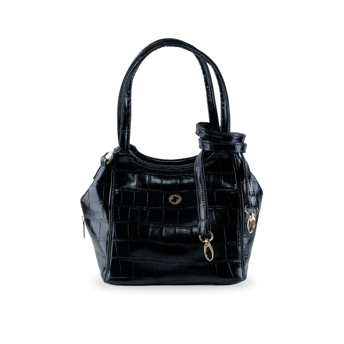 Bolsa femenina negra tipo charol con acabado texturizado estilo croco