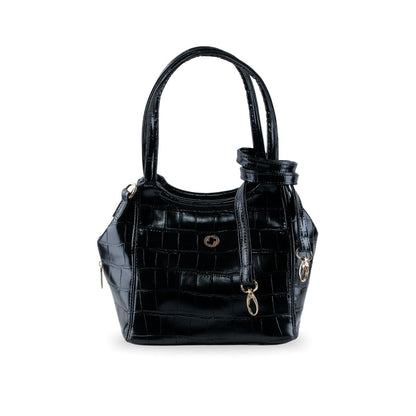 Bolsa femenina negra tipo charol con acabado texturizado estilo croco