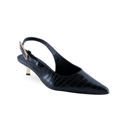 Tacón kitten slingback negro con textura croco y puntera puntiaguda