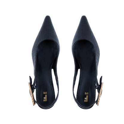 Tacón de vestir negro texturizado con talón descubierto slingback