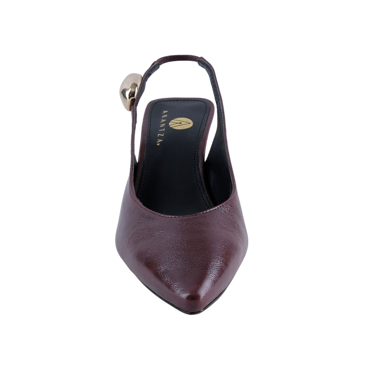 Vista lateral de zapatilla slingback en vino con tacón fino estilizado