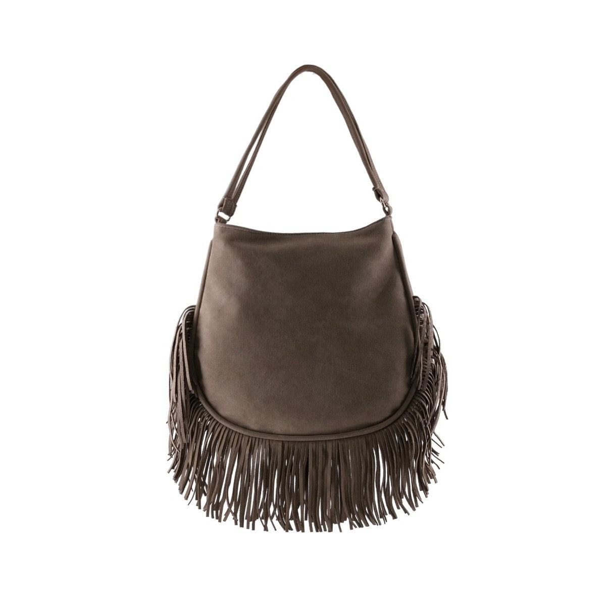 Bolsa hobo café con flecos laterales y asa de hombro ajustable