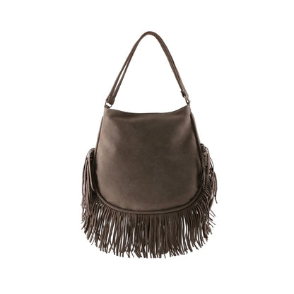 Bolsa hobo café con flecos laterales y asa de hombro ajustable