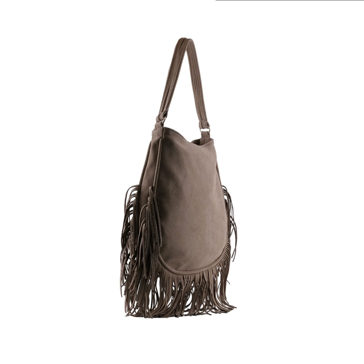 Bolsa de mujer color café acabado agamuzado con flequillos en la base