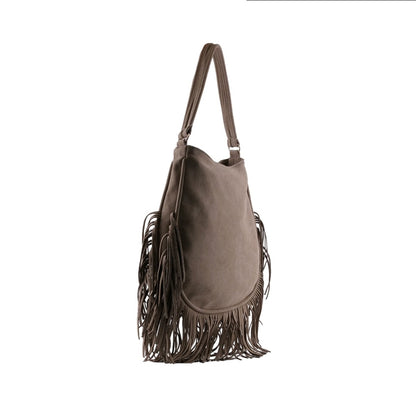 Bolsa de mujer color café acabado agamuzado con flequillos en la base