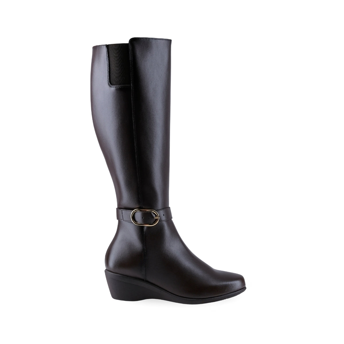 Bota alta café con puntera almendrada y talón cerrado para mujer