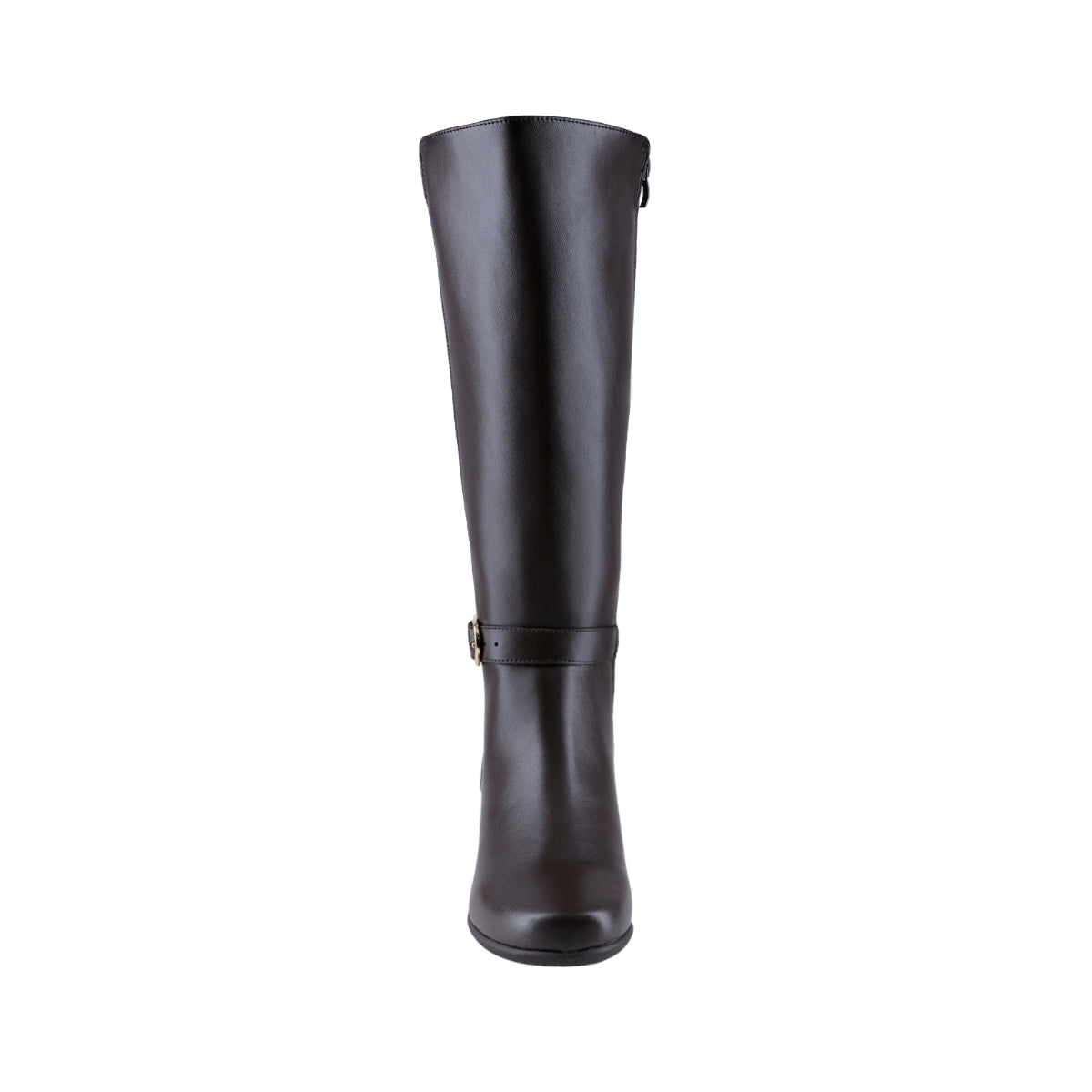 Bota larga café con panel elástico posterior y cuña baja