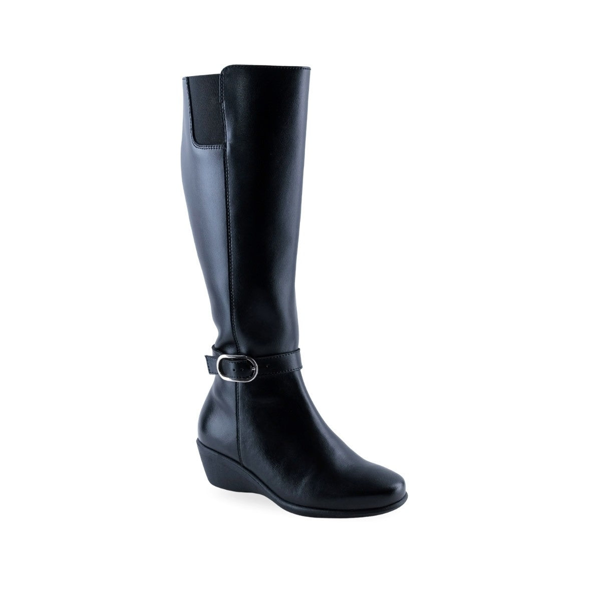 Bota alta negra para mujer con cuña baja y hebilla