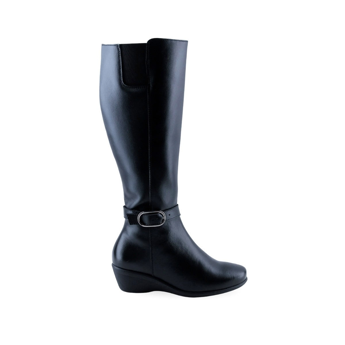 Bota negra de caña alta para dama con detalle de correa