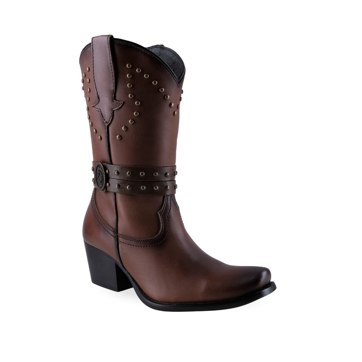 Bota vaquera de piel café con tachuelas y arnés para mujer