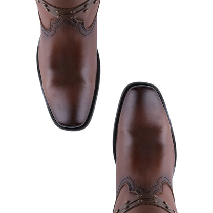 Bota de tacón cuadrado en piel café estilo western