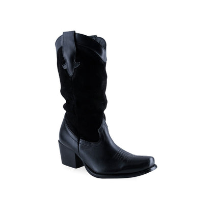 Bota vaquera de piel negra para mujer con puntera puntiaguda y tacón cuadrado