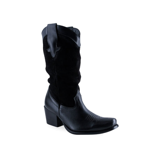 Bota vaquera de piel negra para mujer con puntera puntiaguda y tacón cuadrado